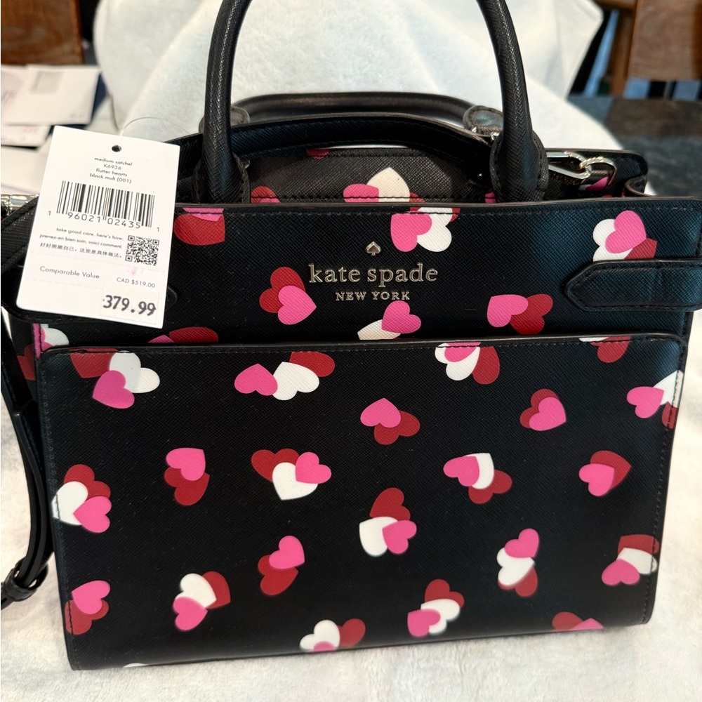 Kate Spade Black Satchel with Pink and Red Hearts